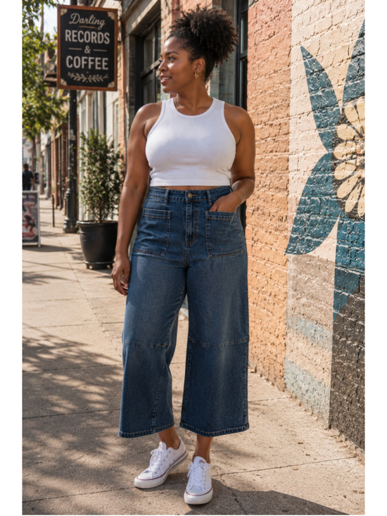 Flamingals Denim - Flamingals 2XL Wide Leg Patch Pocket Crop Jeans High Rise Plus Dark Wash